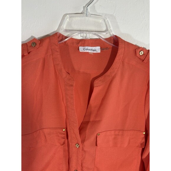 Calvin Klein Women’s Roll Tab Sleeve Blouse Orange Large Gold Buttons Pockets - Picture 2 of 7